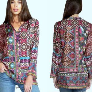 Johnny Was Emilia Aztec Floral Bohemian Blouse Long Tunic Size S